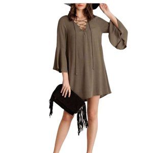 Entro Weather Gray Lace Up Neckline Boho Tunic Top Mini Dress